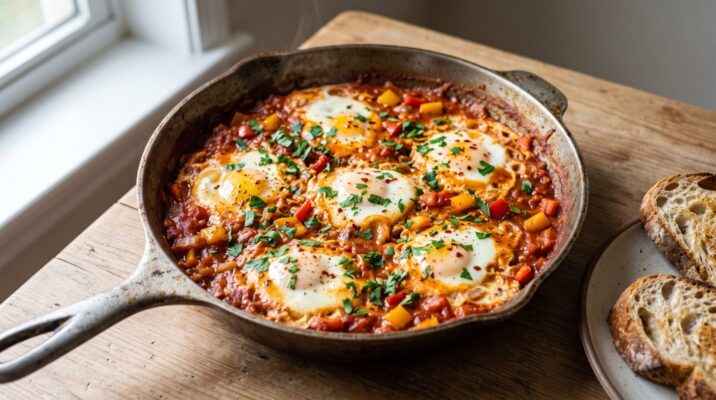 Shakshuka Cremosa com Piment&otilde;es, prato pronto para servir - fotografia gastronomica editorial