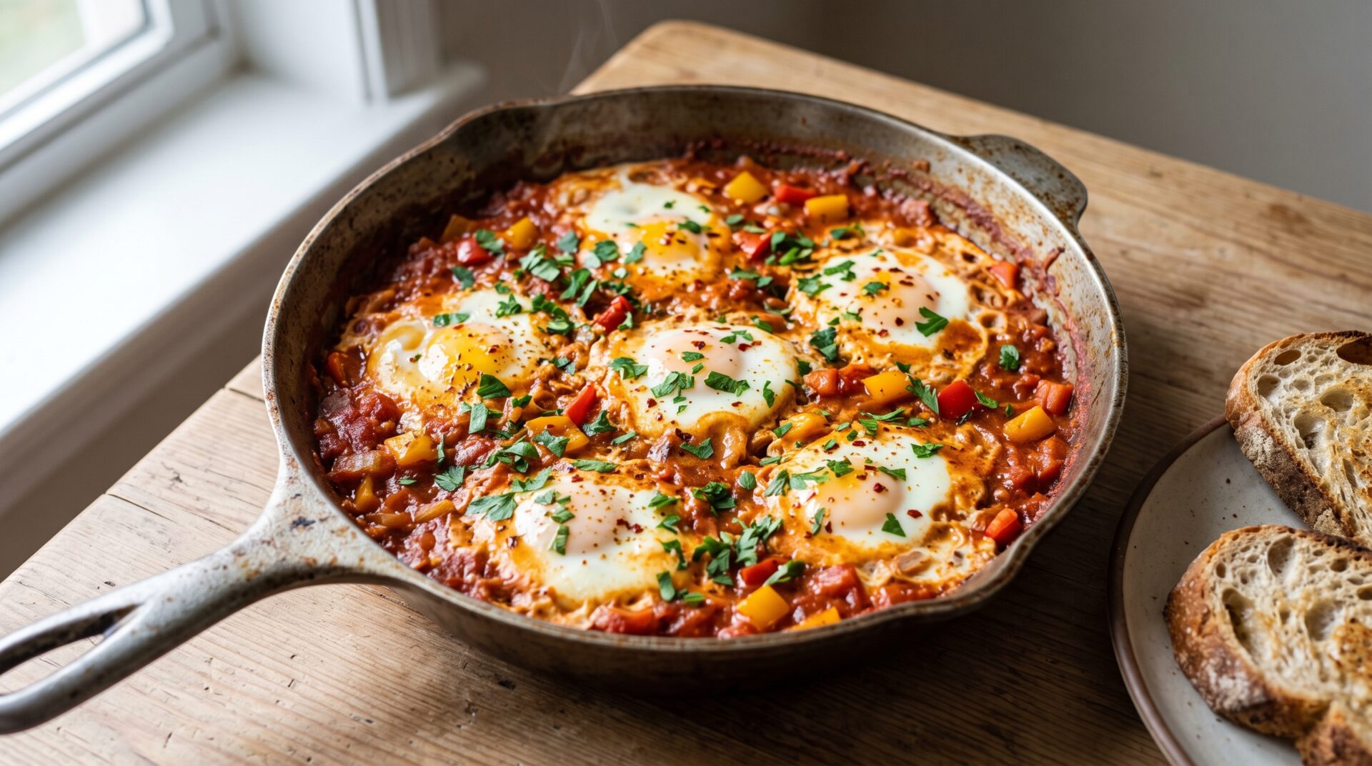 Shakshuka Cremosa com Pimentões, prato pronto para servir - fotografia gastronomica editorial