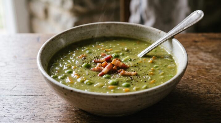 Sopa de Ervilha com Bacon, prato pronto para servir - fotografia gastronomica editorial