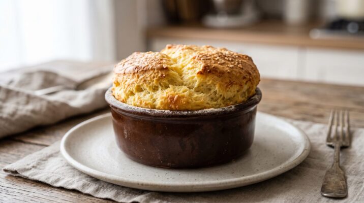Sufle de Queijo servida em prato, fotografia gastronomica editorial