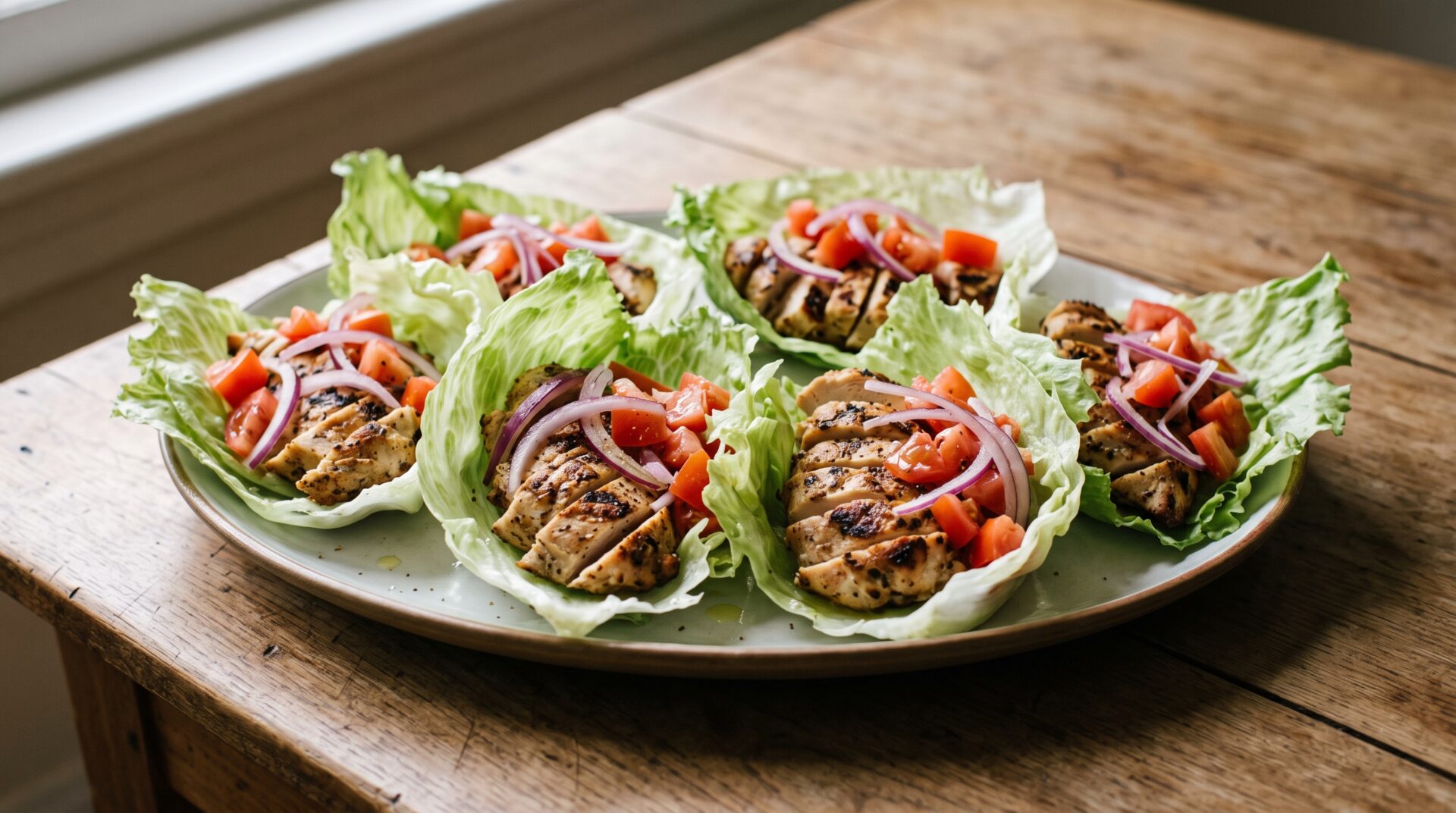 Tacos de Alface com Frango Grelhado, prato pronto para servir - fotografia gastronomica editorial