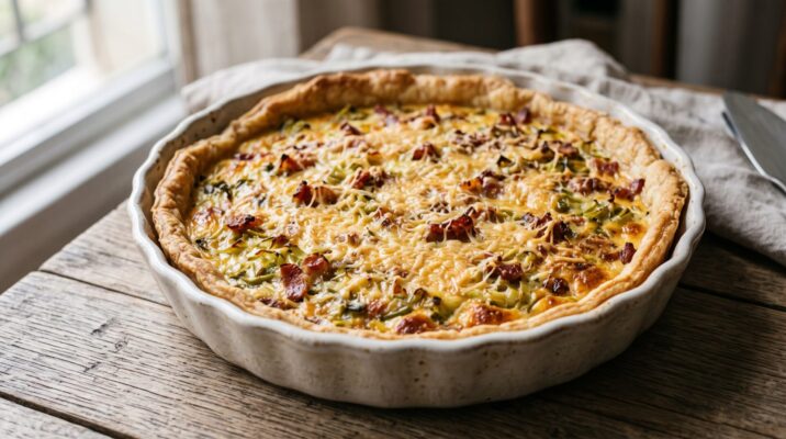 Torta de Alho-poró com Bacon servida em prato, fotografia gastronomica editorial