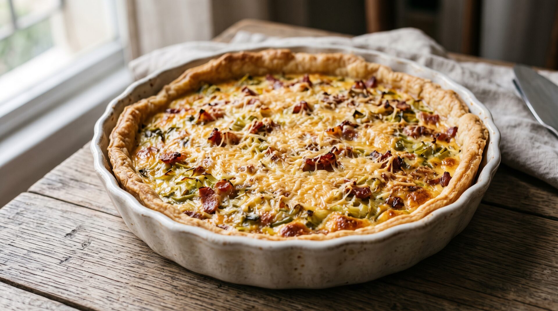 Torta de Alho-por&oacute; com Bacon servida em prato, fotografia gastronomica editorial