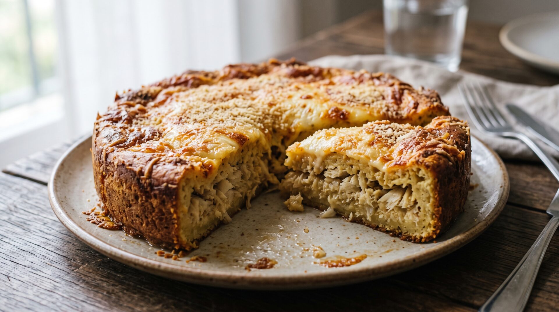 Torta de Bacalhau servida em prato, fotografia gastronomica editorial