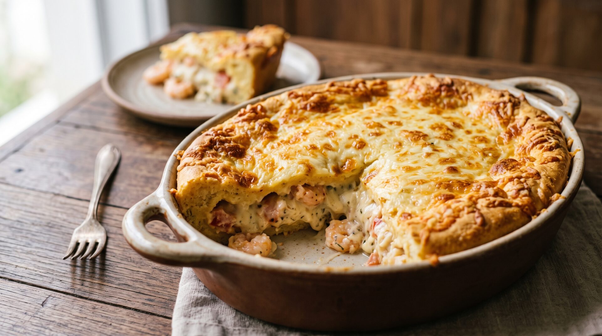 Torta de Camar&atilde;o com Catupiry servida em prato, fotografia gastronomica editorial