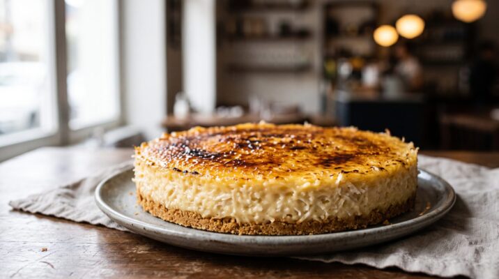 Torta Doce de Coco Queimado servida em prato, fotografia gastronomica editorial