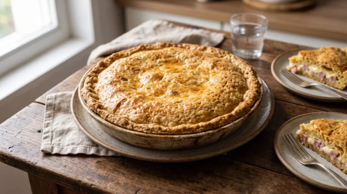 Torta Salgada de Presunto e Queijo servida em prato, fotografia gastronomica editorial Torta Salgada de Presunto e Queijo servida em prato, fotografia gastronomica editorial