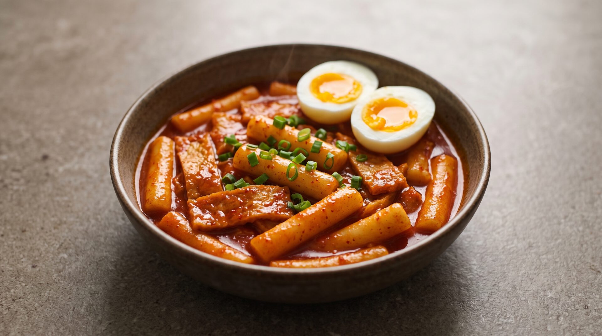 Tteokbokki: Bolinho de Arroz Coreano ao Molho Picante, prato pronto para servir - fotografia gastronomica editorial