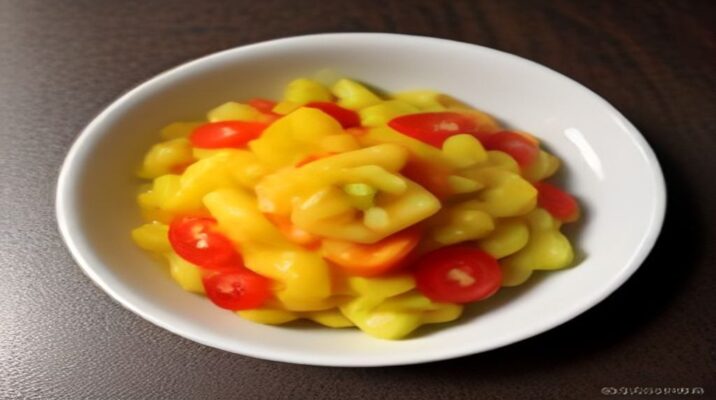 Salada de manga com r&uacute;cula, cebola roxa e castanhas